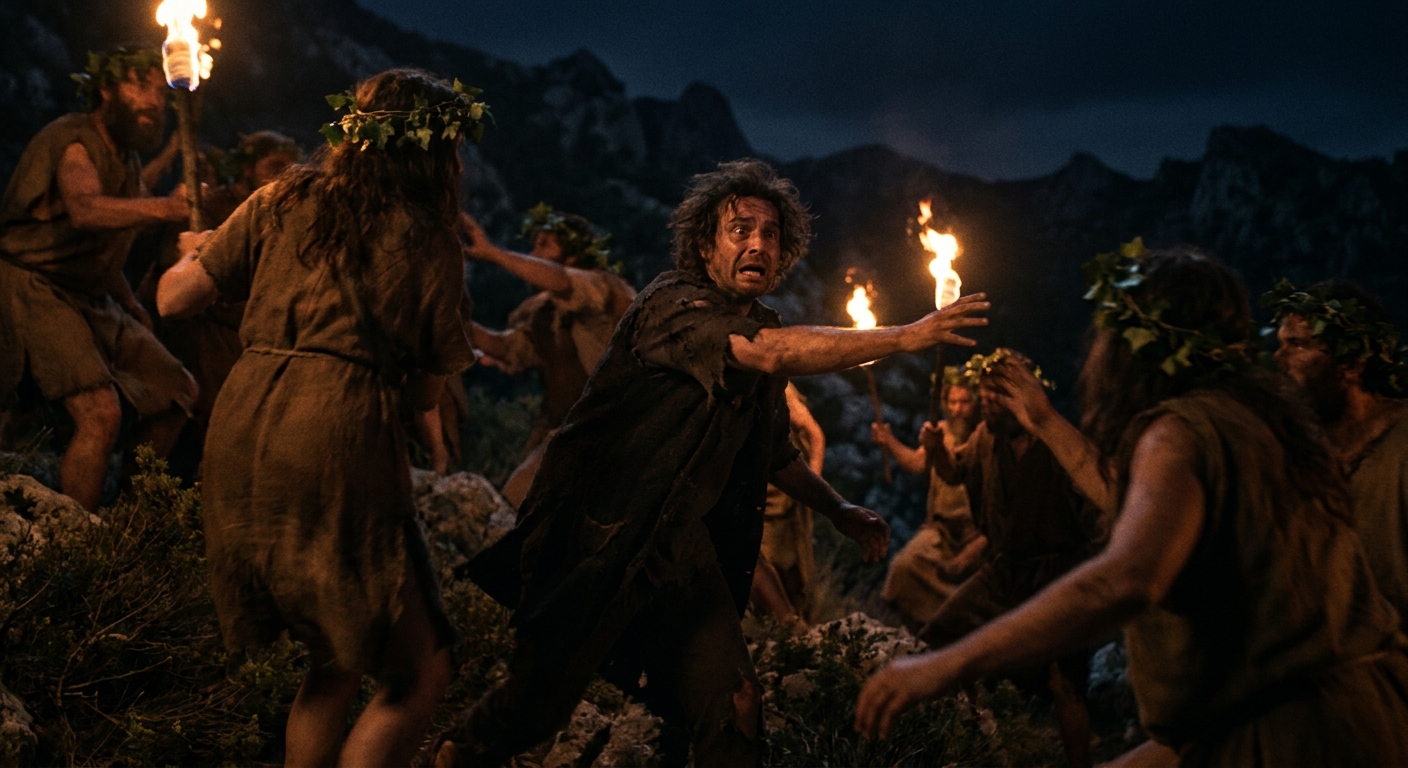 A tragic night scene on Mount Cithaeron where adult maenads in ivy wreaths surge in a frenzy, with Pentheus in torn garments reaching out in terror as torchlight and shadows whip across faces, cinematic realism, intense emotion, implied violence without gore