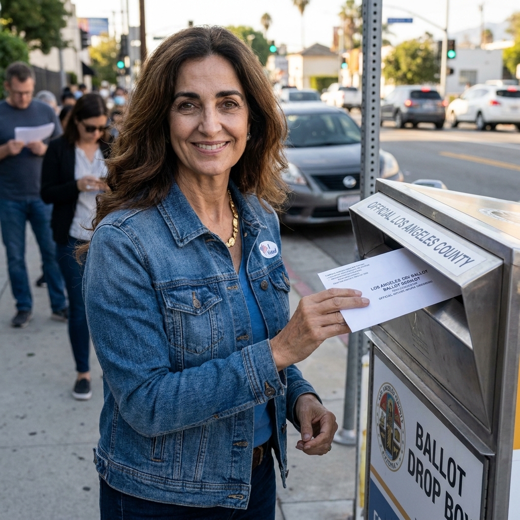 A voter placing an envelope into an official ballot drop box in Los Angeles County in October 2022, candid news photo style