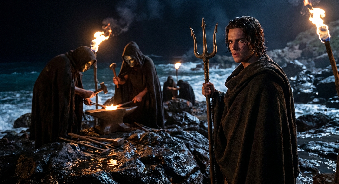 A young adult Poseidon on a rocky Rhodes shoreline beside mysterious Telchines smiths, torchlight reflecting on bronze tools and wet black stone, sea spray in the air, intense watchful expressions