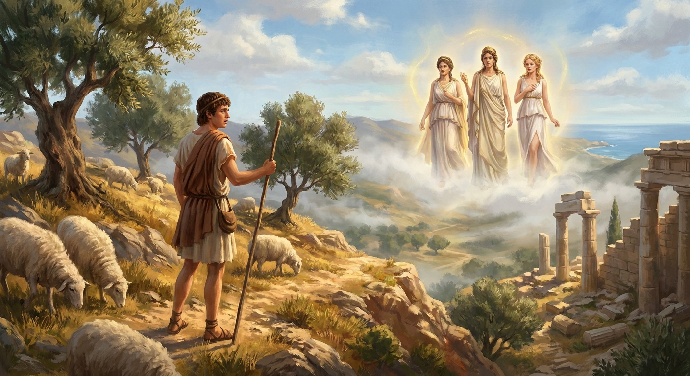A young shepherd standing on a rocky hillside with grazing sheep, looking toward three distant figures approaching through morning mist, Mount Ida atmosphere, realistic photography