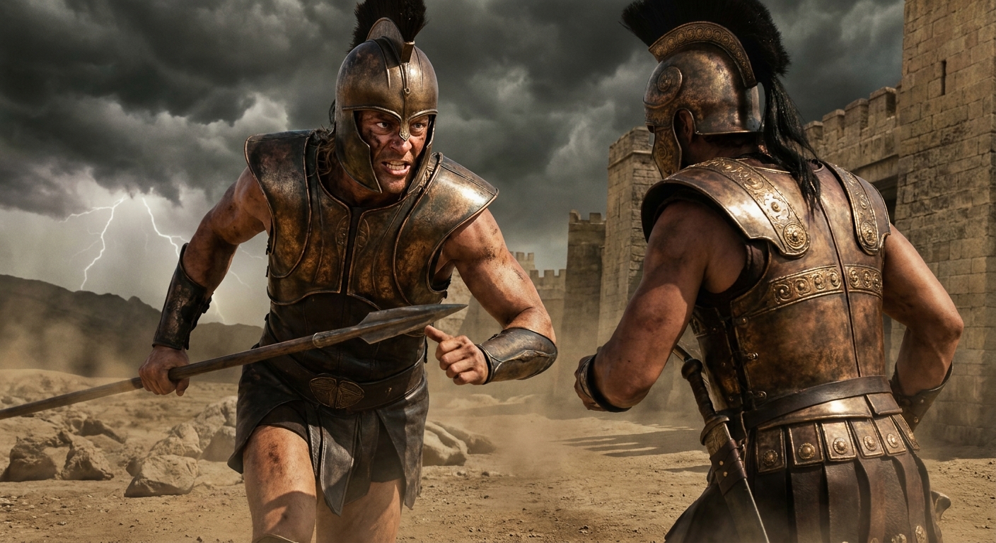 Achilles, a fierce adult warrior with dust on his face and blazing eyes, charging toward Hector outside the walls of Troy, both in bronze armor under a stormy sky, cinematic realism with dramatic contrast and motion