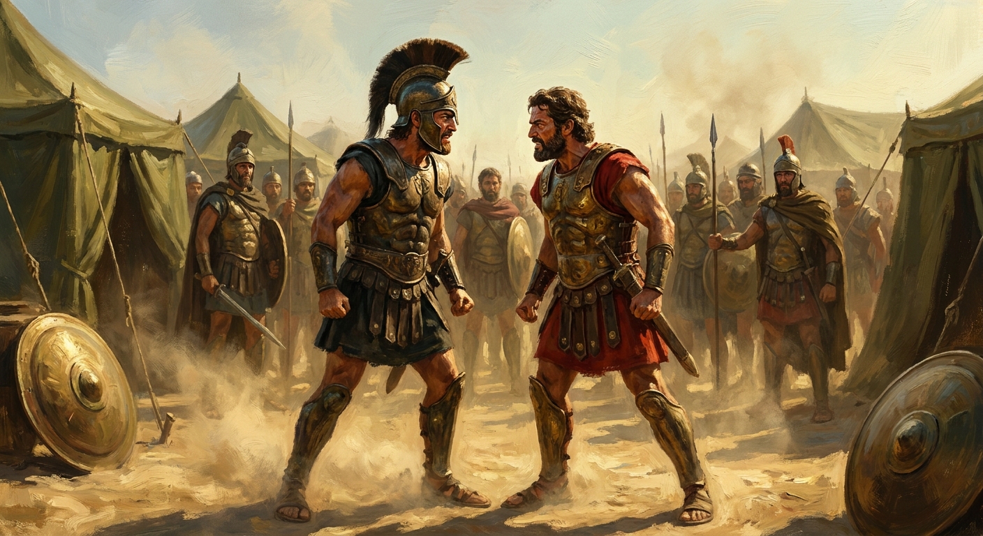 Achilles confronting Agamemnon in the Greek camp, both adult men in bronze armor with tense faces, soldiers watching under harsh sun and windblown dust, cinematic dramatic lighting, painterly realism