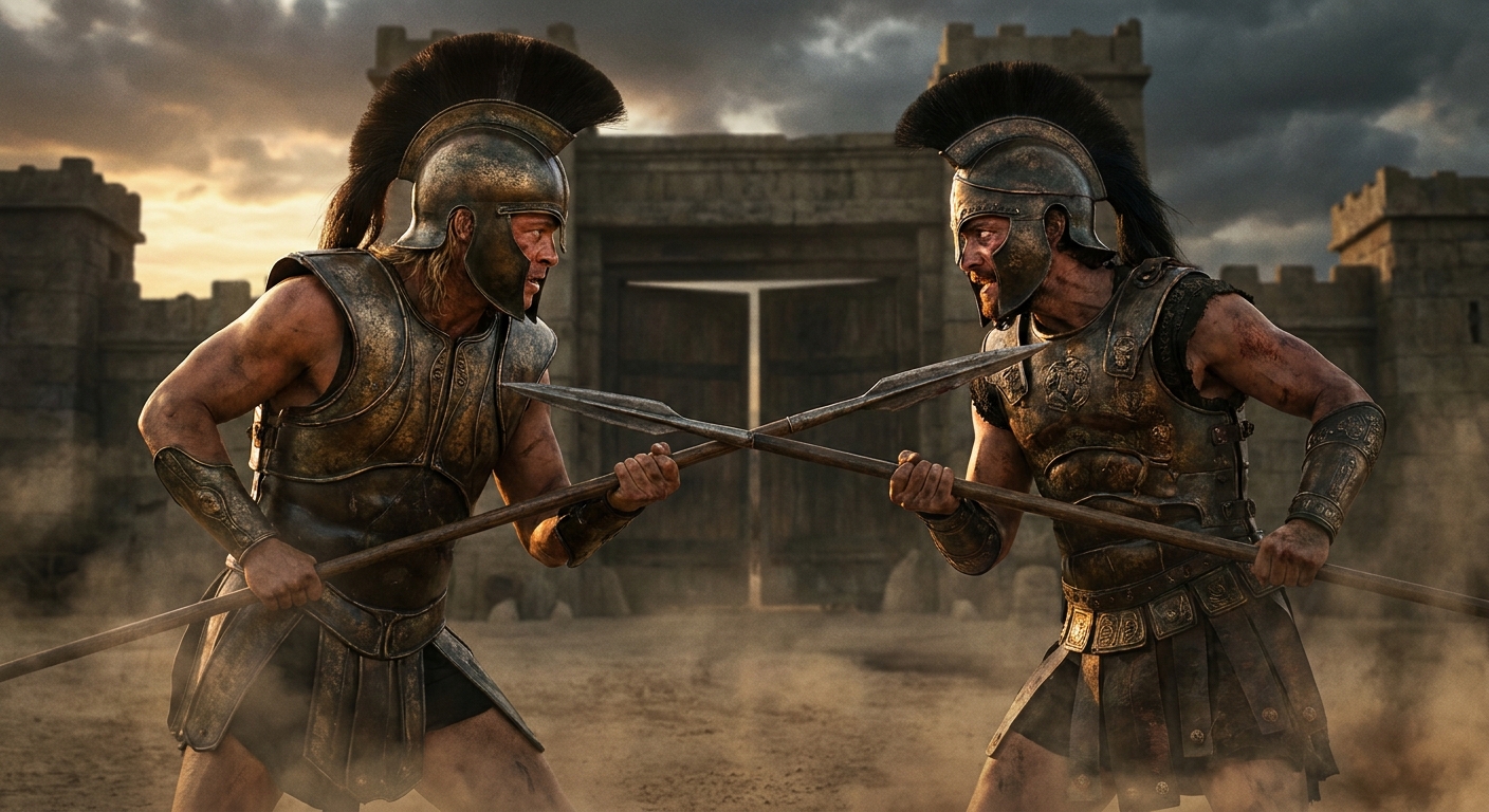 Achilles dueling Hector outside the walls of Troy, both adult warriors in bronze armor with spears raised, dust swirling, Troy’s stone gates behind them under dramatic storm light, cinematic painterly realism