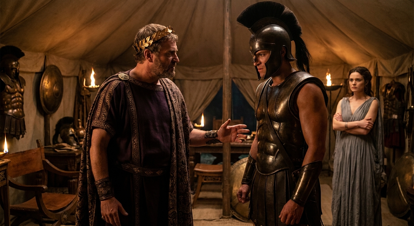 Achilles in bronze armor standing rigid with restrained fury inside a Greek war tent while Agamemnon, crowned and severe, asserts authority in the lamplight; Briseis stands tense in the background, cinematic ancient Greek war drama, painterly realism