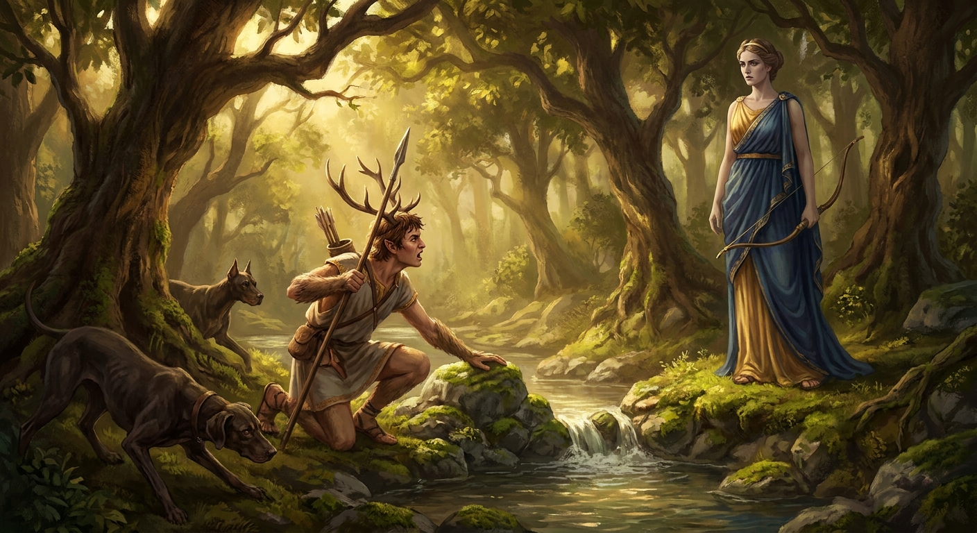 Actaeon mid-transformation into a stag as Artemis, an adult goddess in flowing ancient drapery, stands beside a sacred spring in a secluded forest, her expression cold and controlled, hunting dogs tense in the shadows, cinematic painterly realism