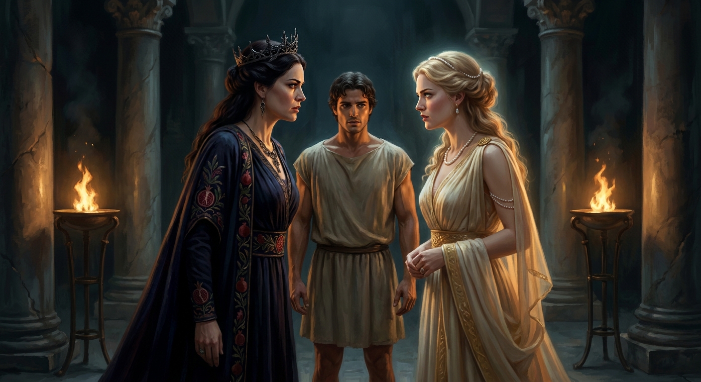 Adult Persephone in dark regal robes facing Aphrodite across a torchlit Underworld hall, Adonis as an unmistakably adult beautiful mortal standing tensely between them, charged eye contact and rivalry, ancient marble columns and deep shadows, cinematic painterly realism