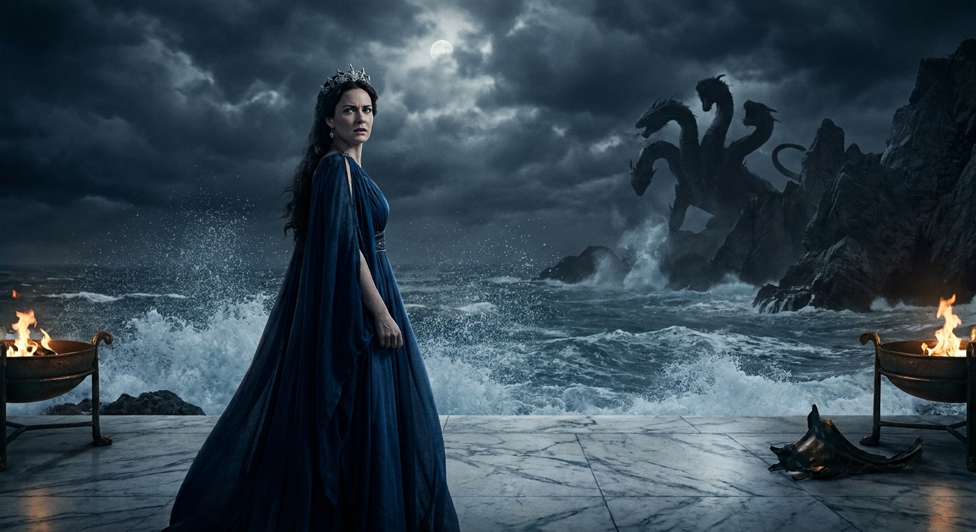 Amphitrite standing poised on a marble sea terrace above churning water while, in the near distance, Scylla’s monstrous silhouette clings to jagged rocks, moonlight and sea spray creating a tense mythic atmosphere