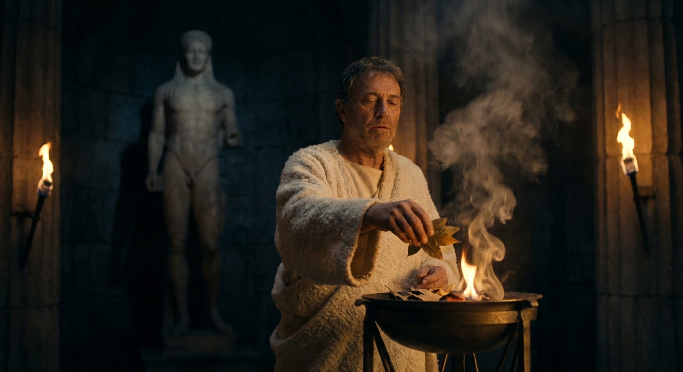 An adult Delphic priest in white robes stands in a torchlit sanctuary at Delphi, burning laurel leaves in a bronze brazier as pale smoke curls upward, the priest’s face solemn and trance-focused, Apollo’s distant statue looming in shadow, cinematic sacred atmosphere with warm firelight and cold marble