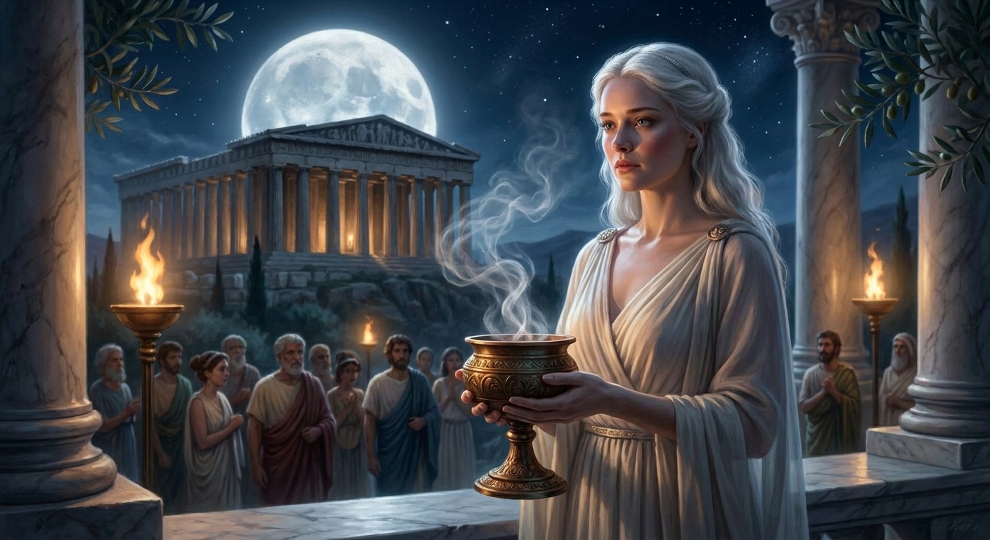 An adult Greek priestess in pale robes stands on a marble terrace in ancient Athens at night holding a bronze incense burner as a full moon rises behind the Parthenon, warm torchlight mixing with cool moonlight, a small crowd blurred in the background, cinematic sacred atmosphere, painterly realism, film-still composition, no modern elements