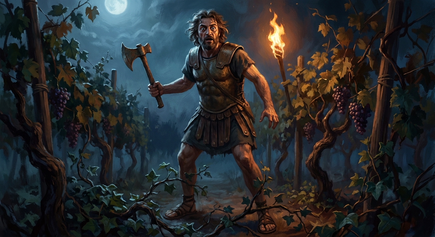 An adult Thracian king in bronze and linen, eyes wild with divine madness, raising an axe in a moonlit vineyard as ivy and grapevines twist around his feet, torchlight flaring behind him, cinematic painterly realism
