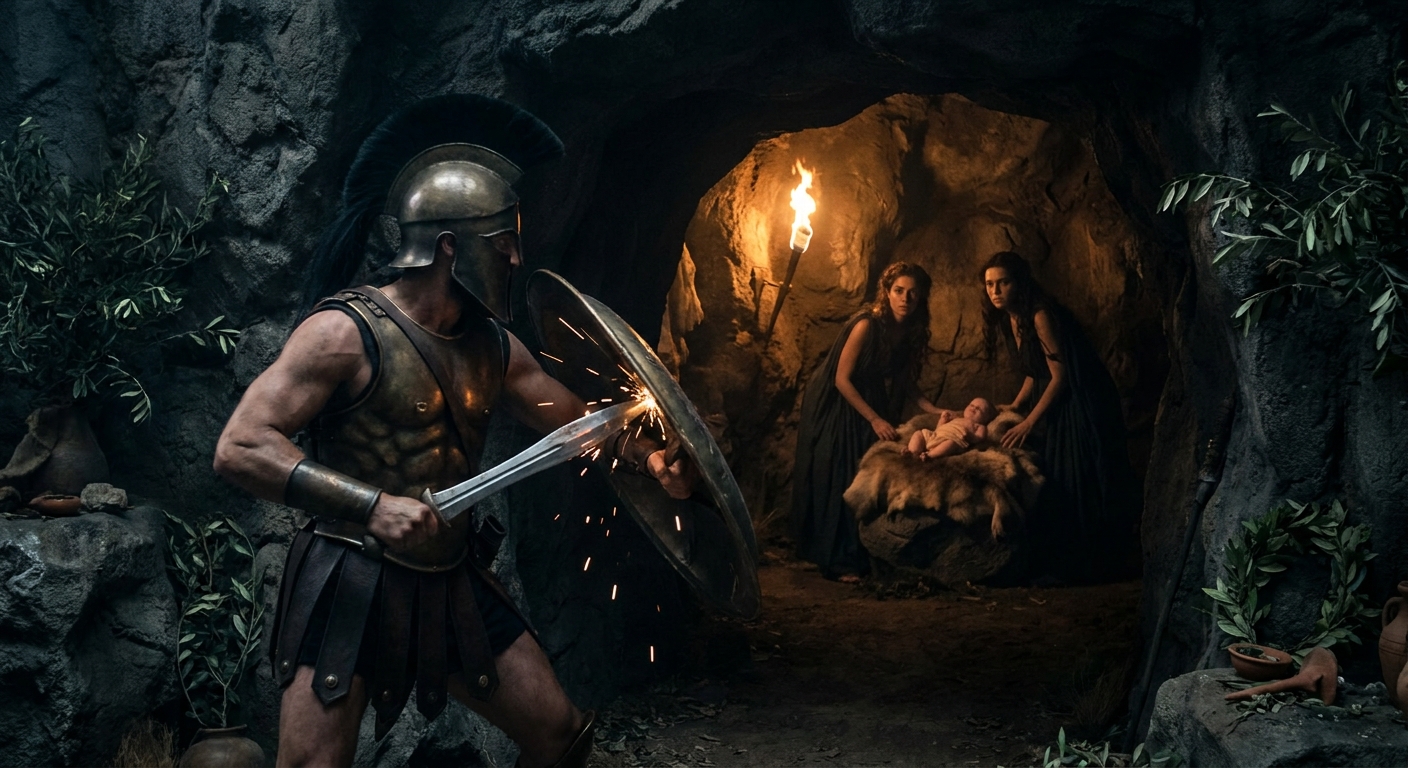 An adult armored Curete warrior clashing bronze weapons at the mouth of a shadowy cave on Crete while inside, a hidden infant Zeus rests near watchful nymphs and warm torchlight; dramatic chiaroscuro, sacred secrecy, cinematic myth realism