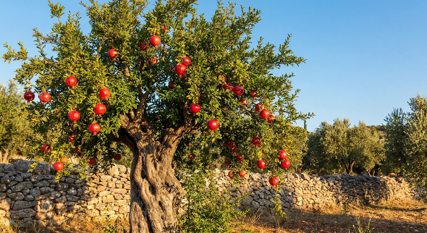 A real photograph of a pomegranate tree in a sunlit Mediterranean orchard in Greece with ripe red fruit hanging among glossy leaves