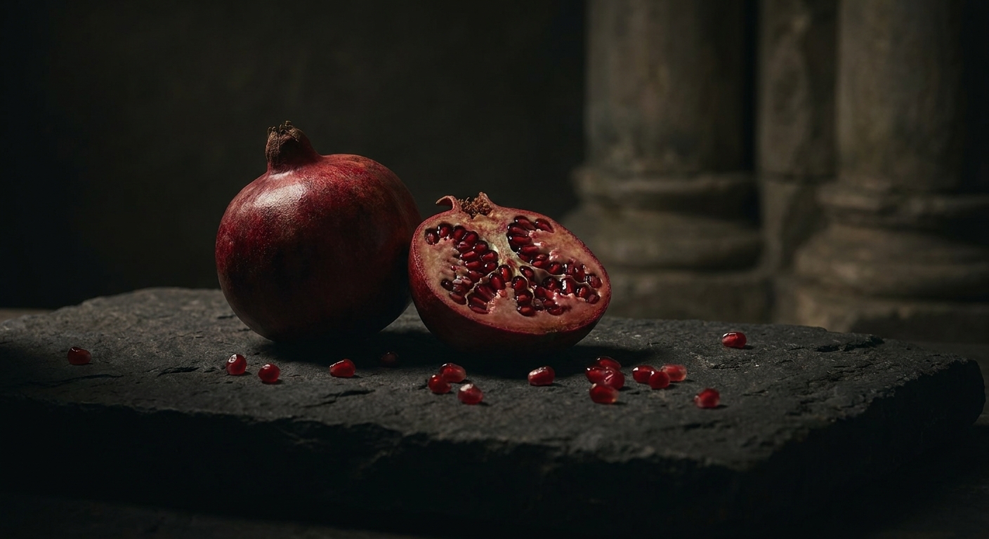 A real photograph of a whole pomegranate and a halved pomegranate on a black stone surface with scattered seeds, dramatic low lighting