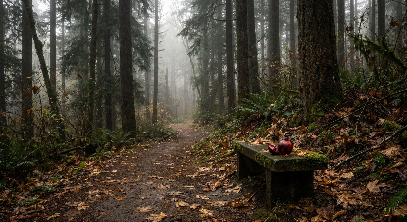 A real photograph of a misty forest path in the Pacific Northwest in late autumn with wet leaves, muted light, and tall dark trees