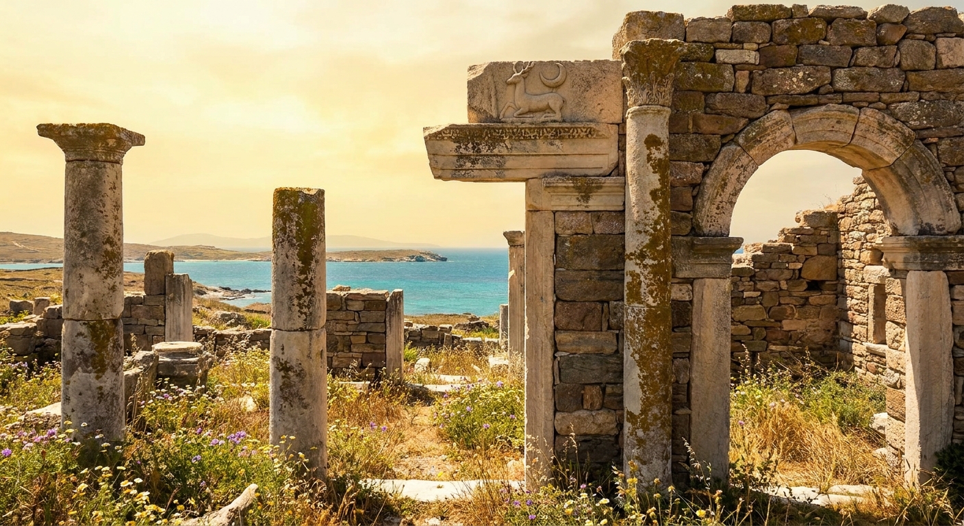 A real photograph of sunlit ancient stone ruins on Delos with the Aegean Sea in the background, suggesting Artemis and Apollo's birthplace
