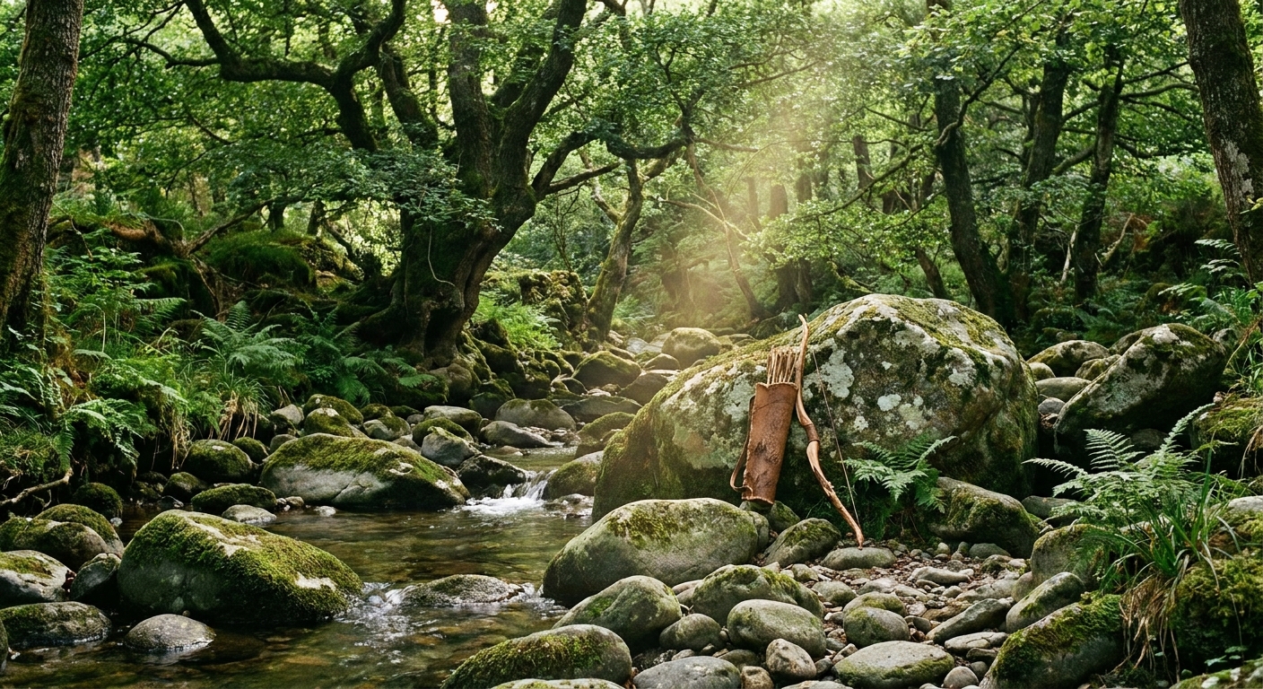A real photograph of a shaded forest creek with smooth stones and dense green foliage, an atmosphere of a secluded bathing place