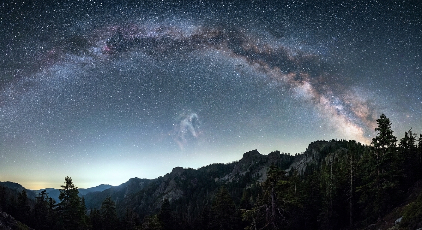 A real photograph of a star-filled night sky with the Milky Way above a dark pine-covered ridgeline, suggesting Callisto's transformation into a constellation