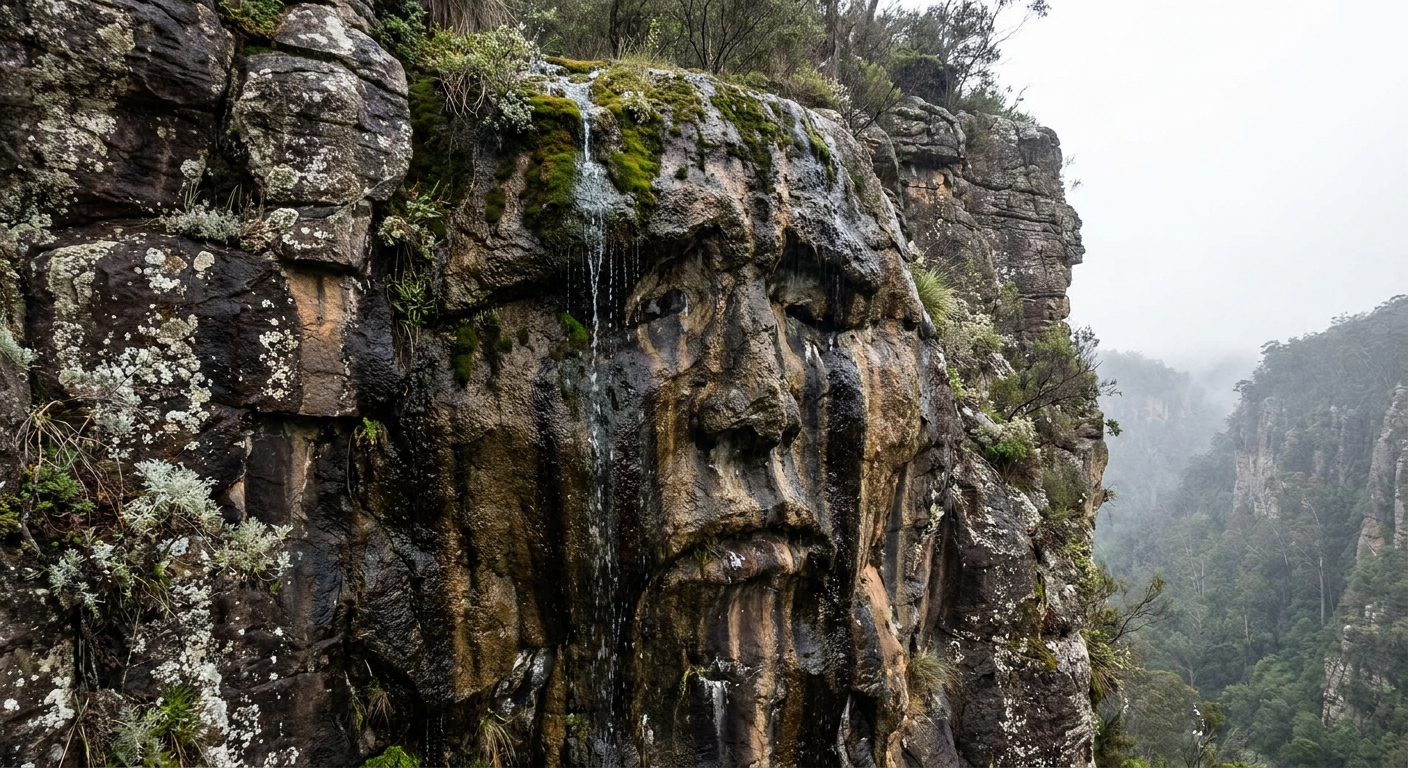 A real photograph of a weathered rocky cliff face with water trickling down, evoking the mythic image of Niobe weeping as stone