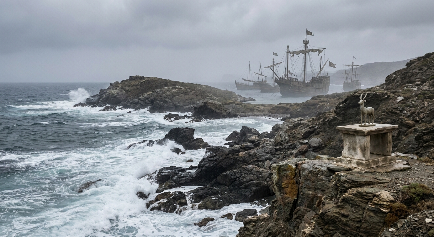 A real photograph of a windy rocky shoreline along the Aegean with whitecaps, evoking the stalled Greek fleet awaiting Artemis' favor
