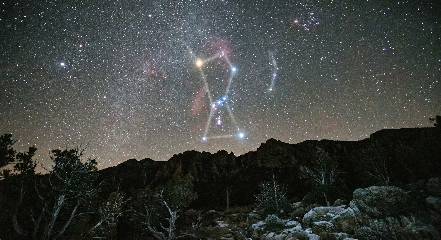 A real photograph of the Orion constellation bright in a clear winter night sky above dark mountain silhouettes