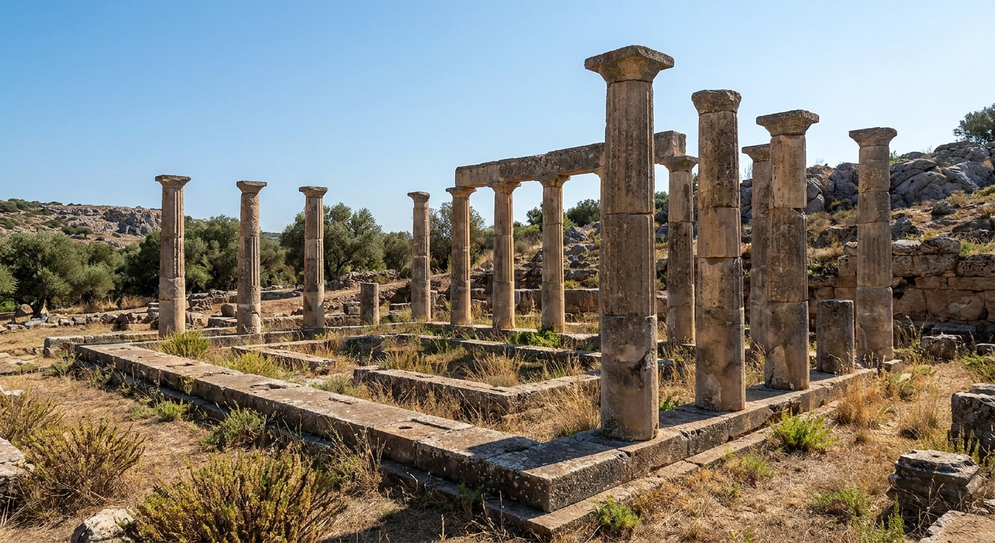 A real photograph of ancient stone columns and foundations at the Sanctuary of Artemis at Brauron under a clear sky