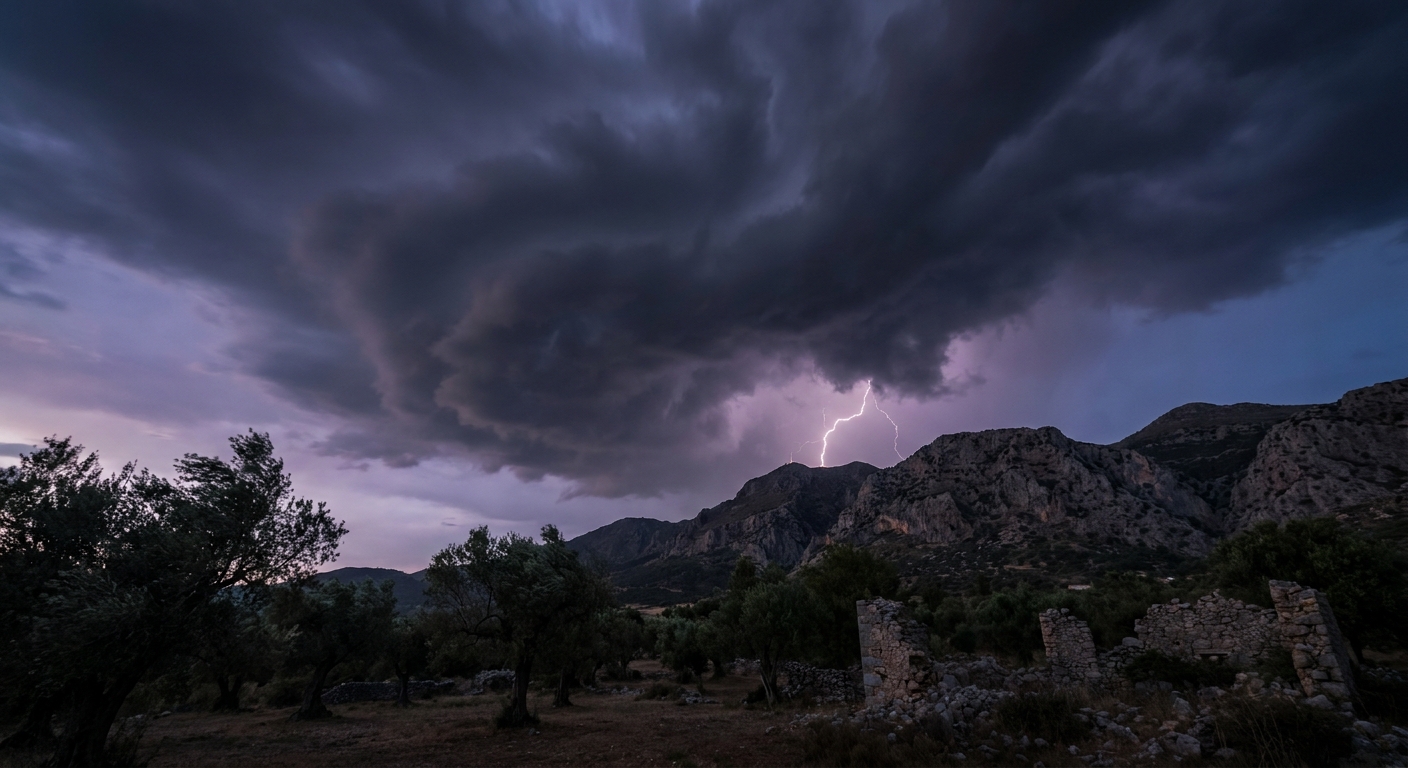A real photograph of a dark thunderstorm gathering over a jagged mountain ridge in Greece at dusk, with distant lightning illuminating heavy clouds