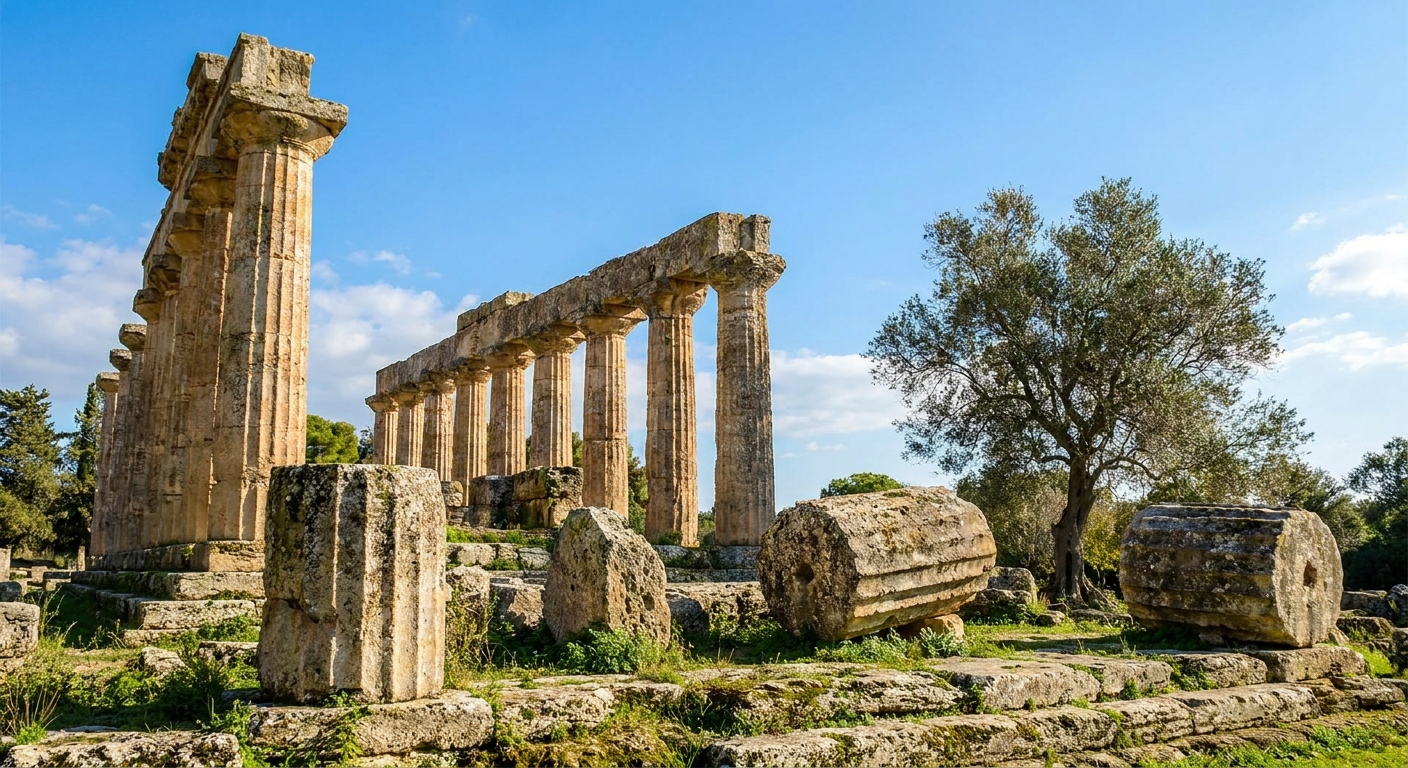 A real photograph of the ruined columns and stone blocks of the Temple of Zeus at Olympia in Greece under bright daylight