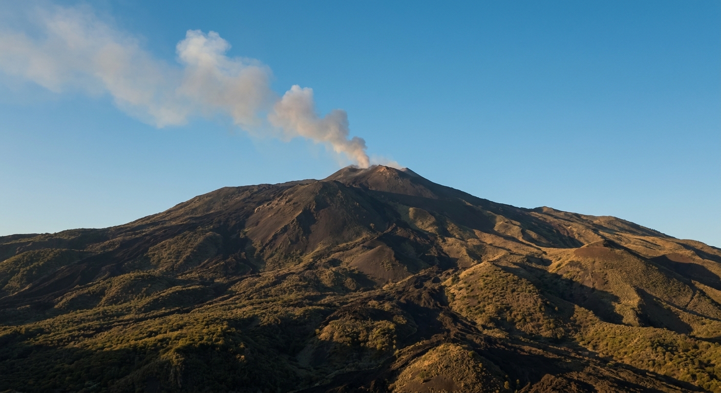 A real photograph of Mount Etna in Sicily with a pale smoke plume rising from the summit under a clear sky