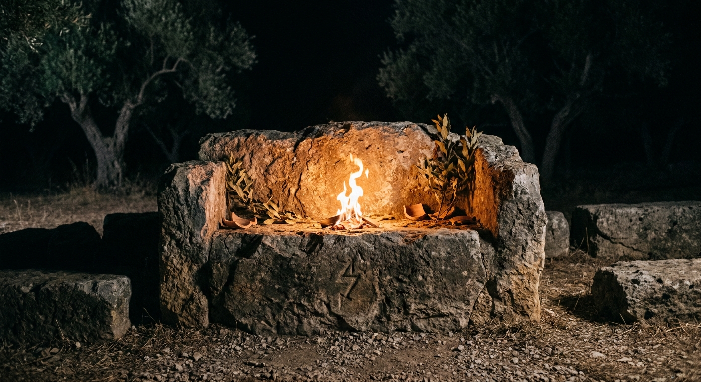 A real photograph of a small ritual flame burning on a stone altar at night, with warm light on weathered rock and darkness beyond