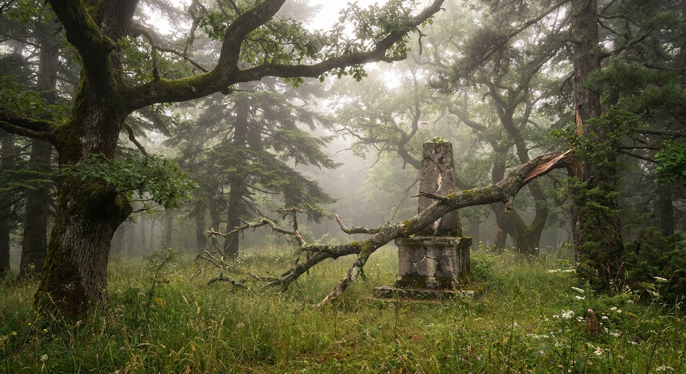 A real photograph of a quiet forest clearing in the mountains of Arcadia, Greece, with soft morning light and dense green trees