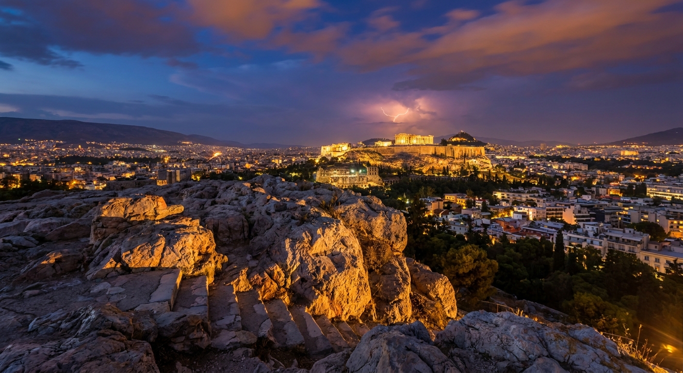 A real photograph of the Areopagus Hill in Athens at twilight, with ancient rock formations in the foreground and city lights beginning to glow