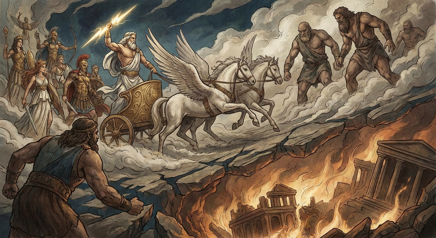 Zeus leading the Olympian gods in battle against the Titans, throwing lightning bolts amidst a chaotic, celestial battlefield