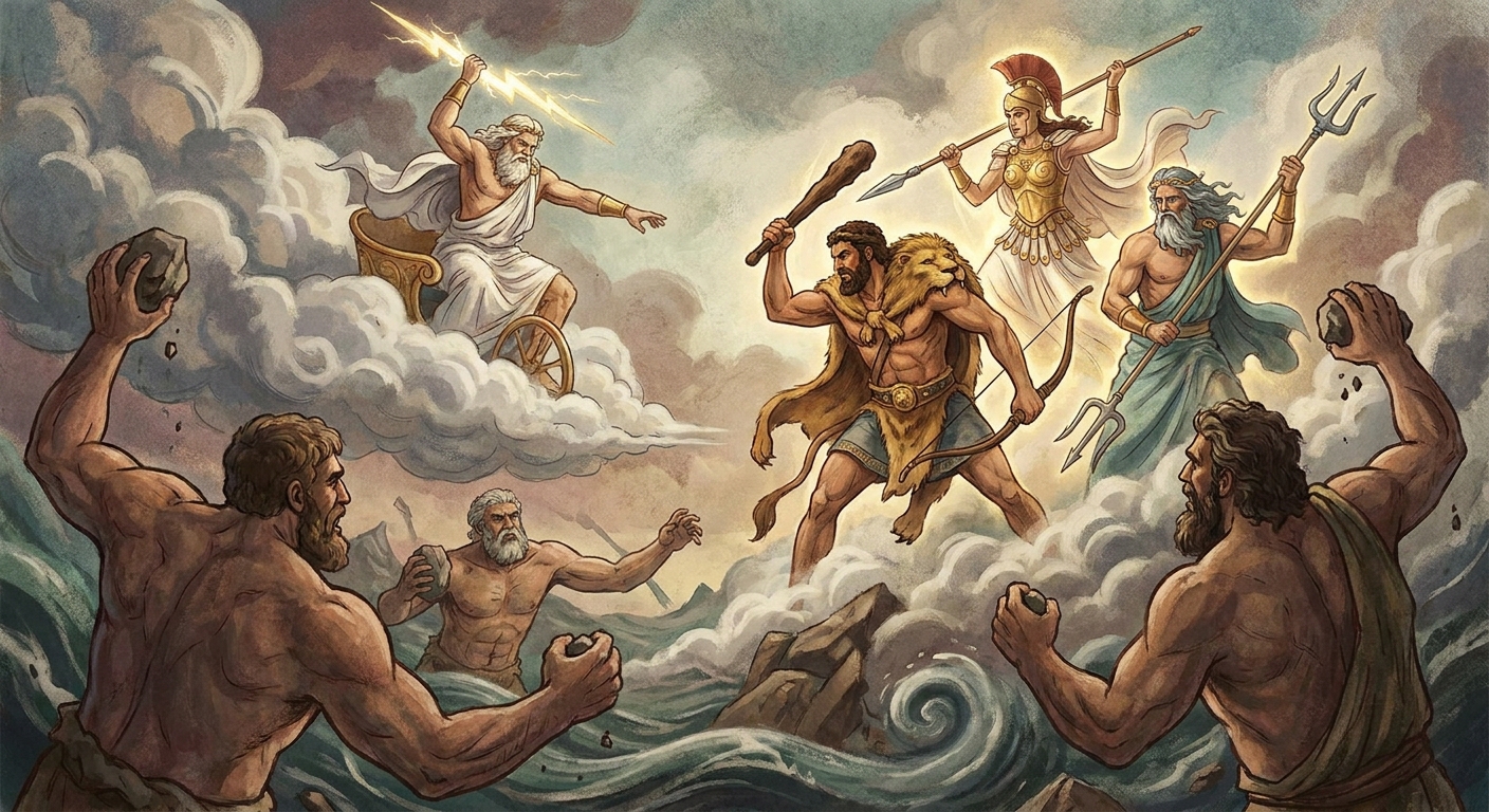 The Olympian gods battling against the Giants, with Heracles playing a crucial role in the intense cosmic conflict