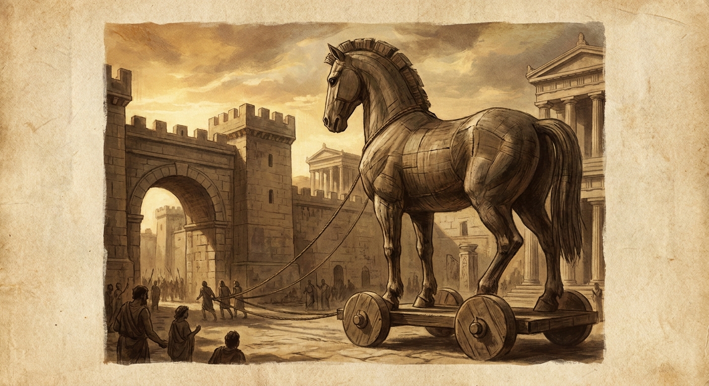 The large wooden Trojan Horse being pulled into the city of Troy, with Greek soldiers hidden inside