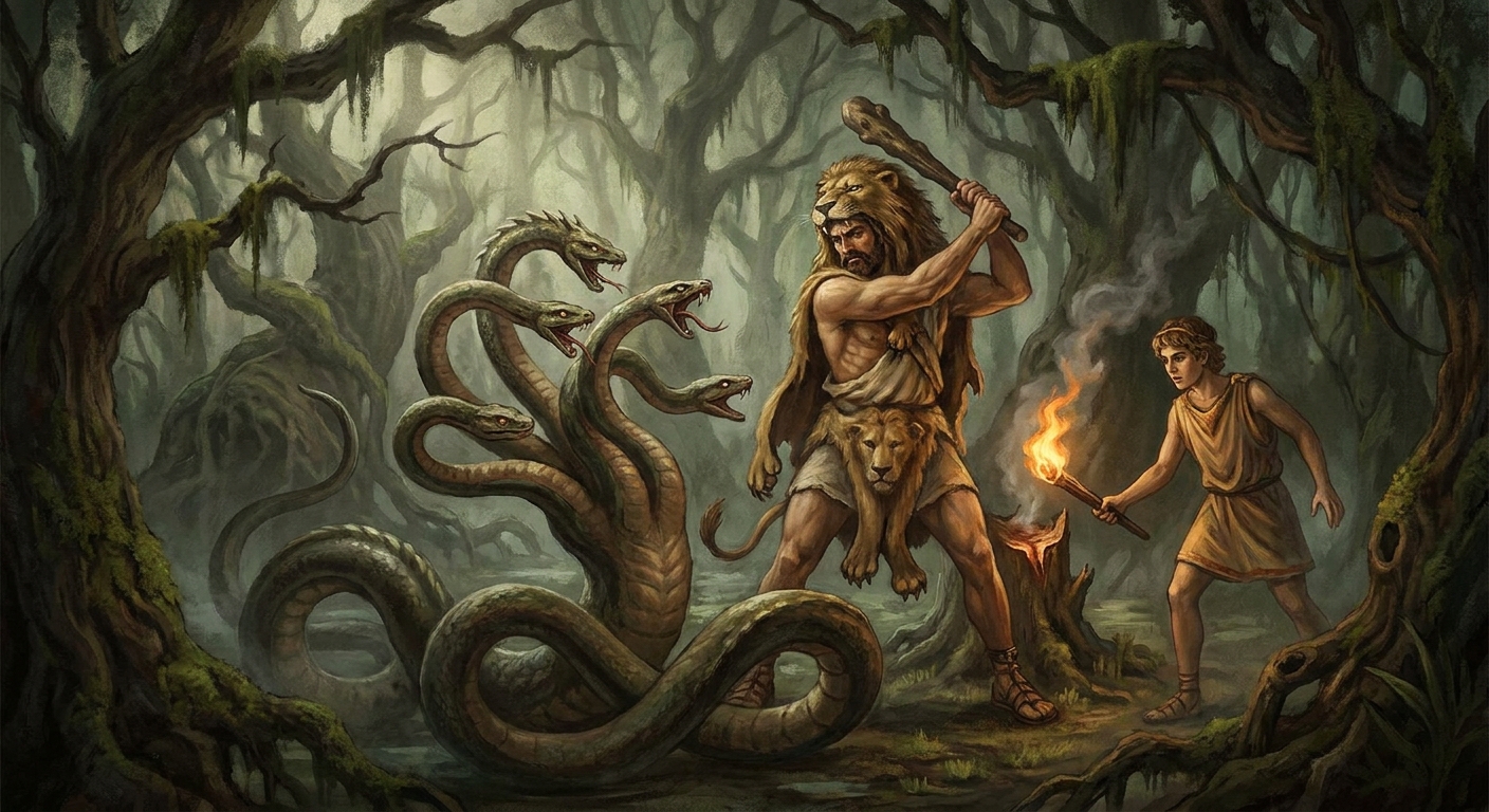 Heracles fighting the multi-headed Hydra in a murky swamp, with his nephew Iolaus assisting by cauterizing the severed necks
