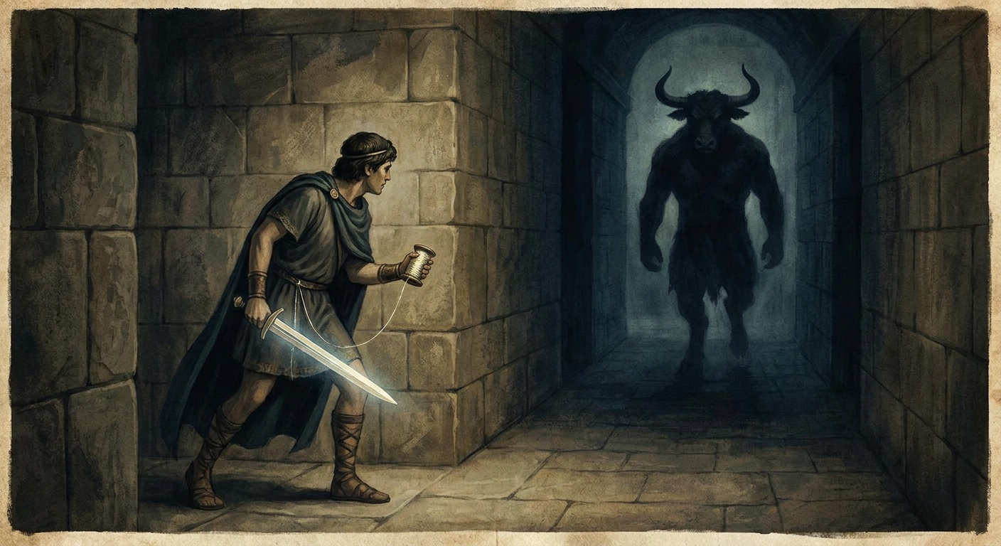 Theseus confronting the Minotaur in the dark corridors of the labyrinth, holding a sword and a ball of thread
