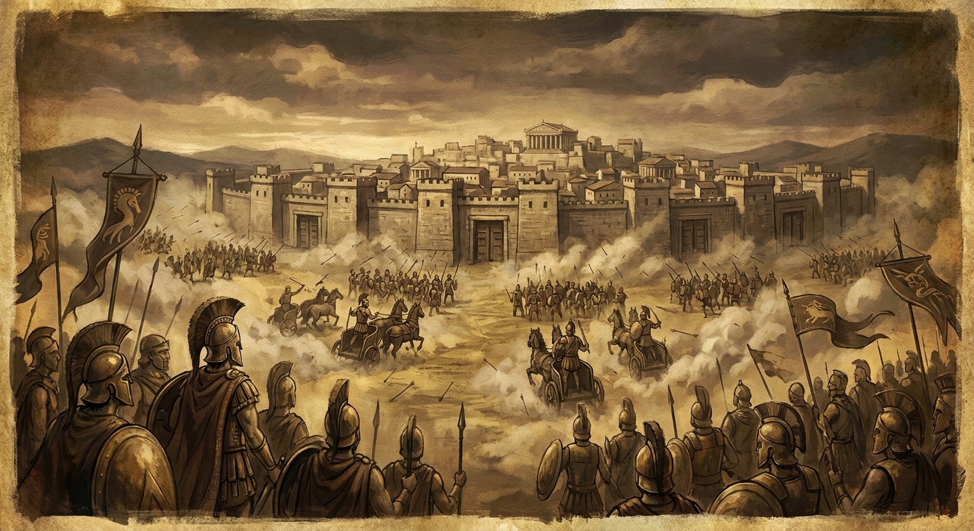 The seven champions led by Polynices besieging the city of Thebes, with dramatic battle scenes unfolding