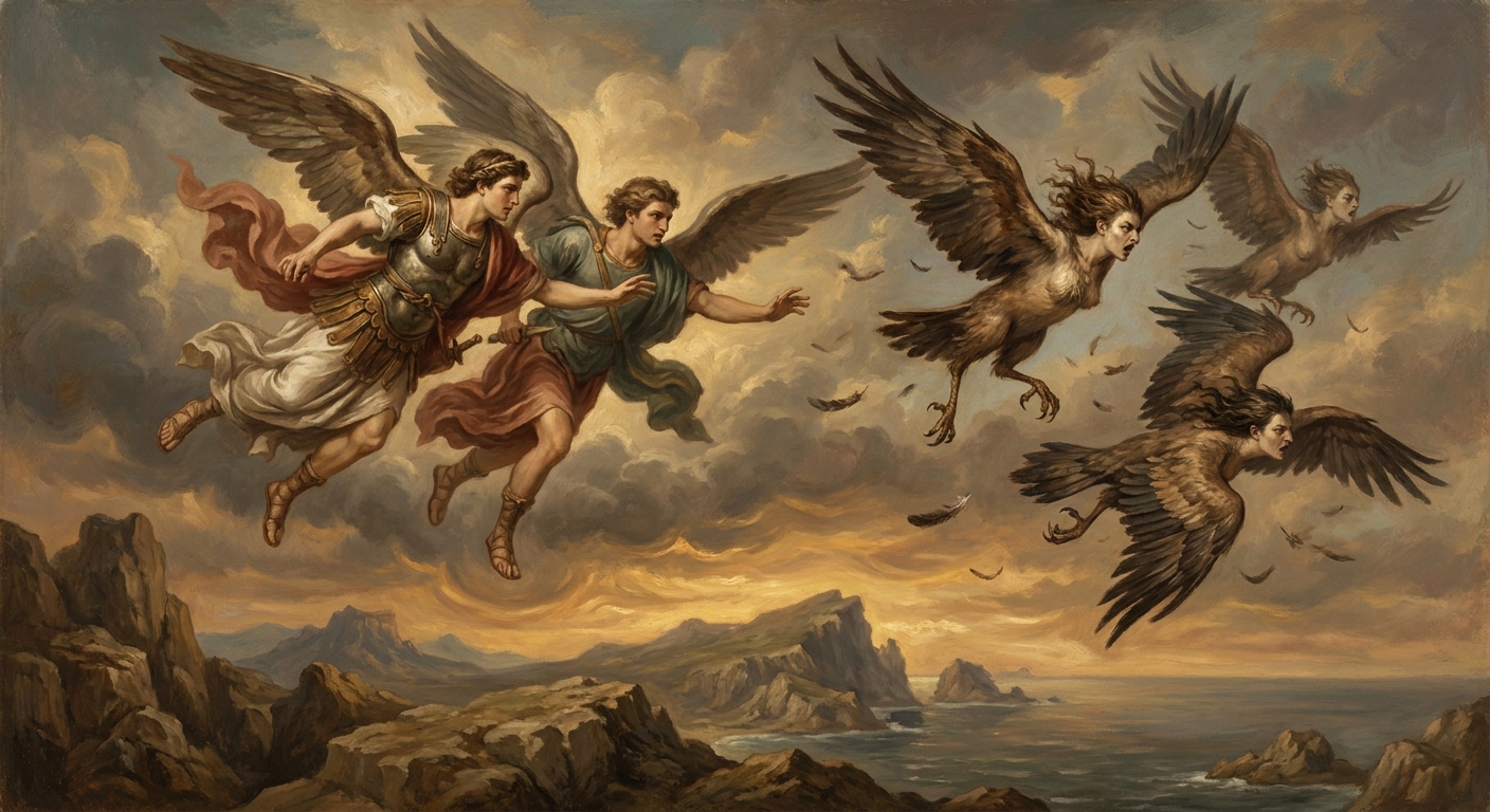 The winged Boreads, Zetes and Calais, pursuing the Harpies through the sky in an epic aerial chase