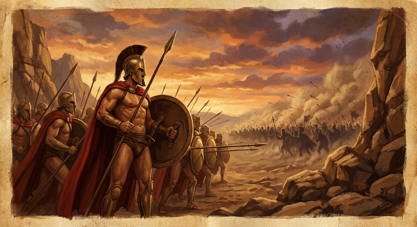 King Leonidas and his 300 Spartans making their last stand against the Persian army at the narrow pass of Thermopylae