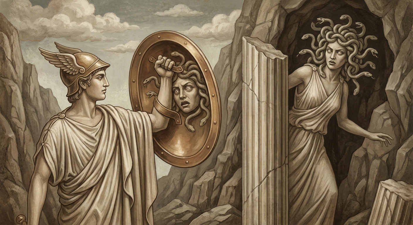 Perseus confronting Medusa, using Athena's polished shield as a mirror to avoid her petrifying gaze