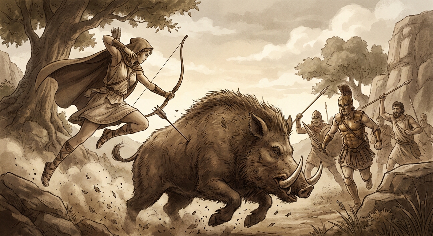 Dynamic scene showing Atalanta landing the first wound on the massive Calydonian boar as Meleager and other hunters close in with spears.