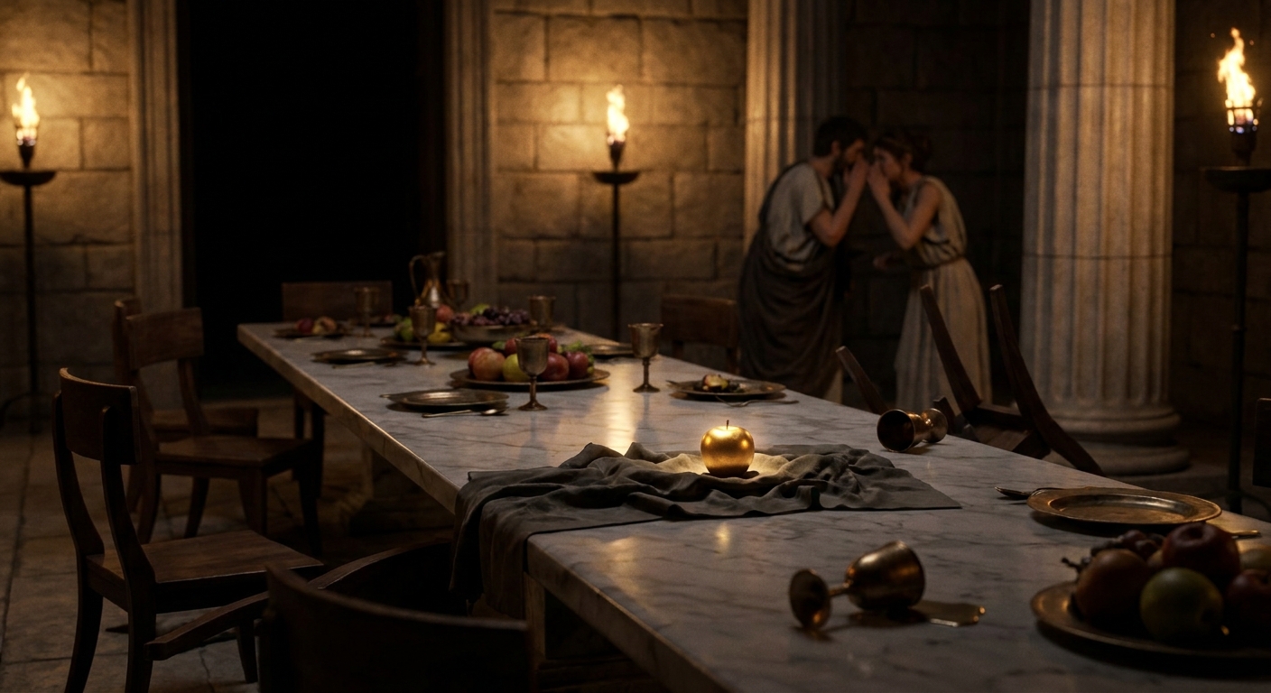 A realistic photograph of an ancient Greek style banquet setting with stone columns and warm torchlight, showing empty seats and a tense atmosphere after a disruption