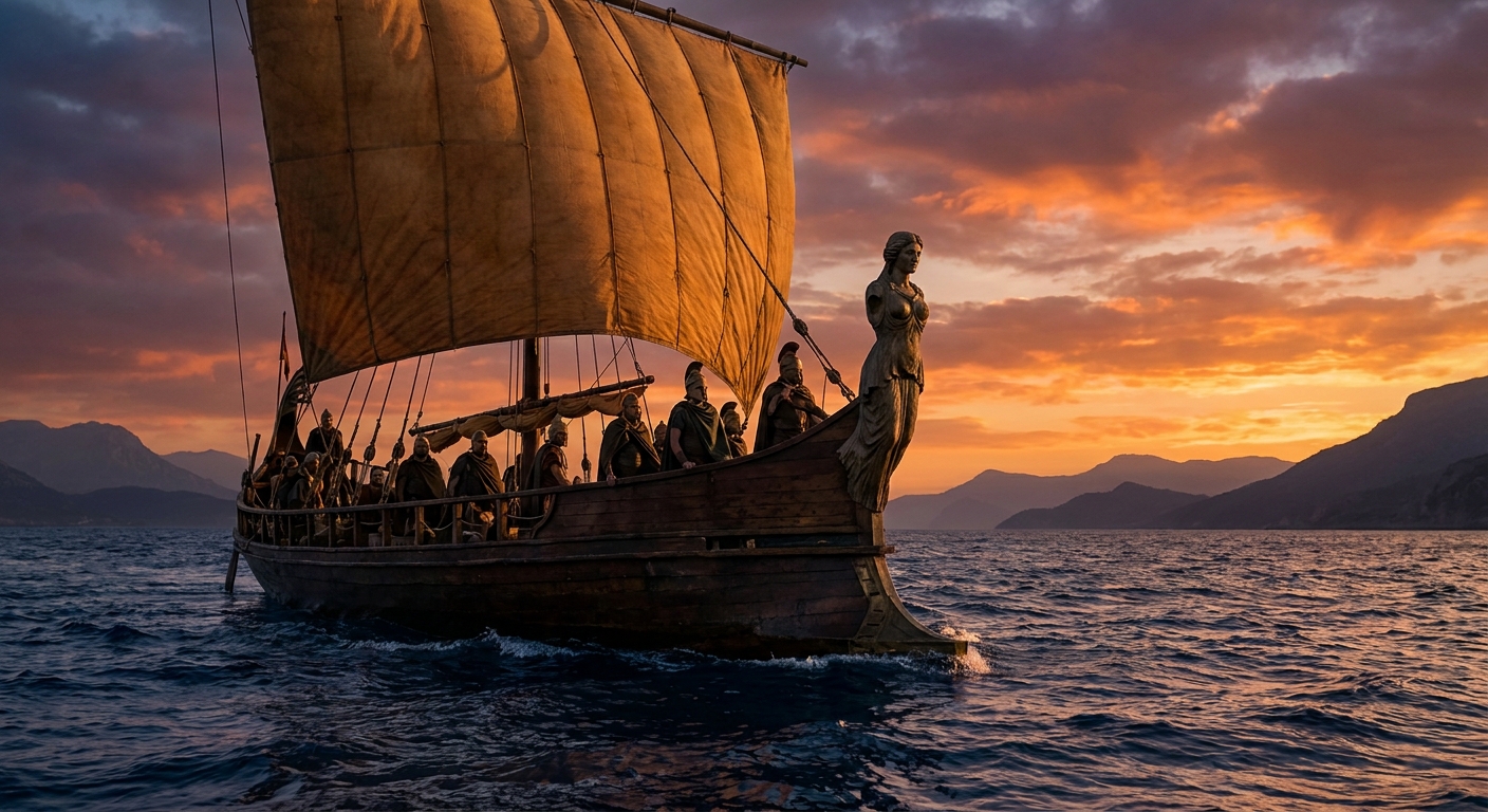 A single ancient-style Greek trireme sailing on a darkening sea at sunset, with wind in the sail and distant coastline silhouettes, realistic cinematic photography