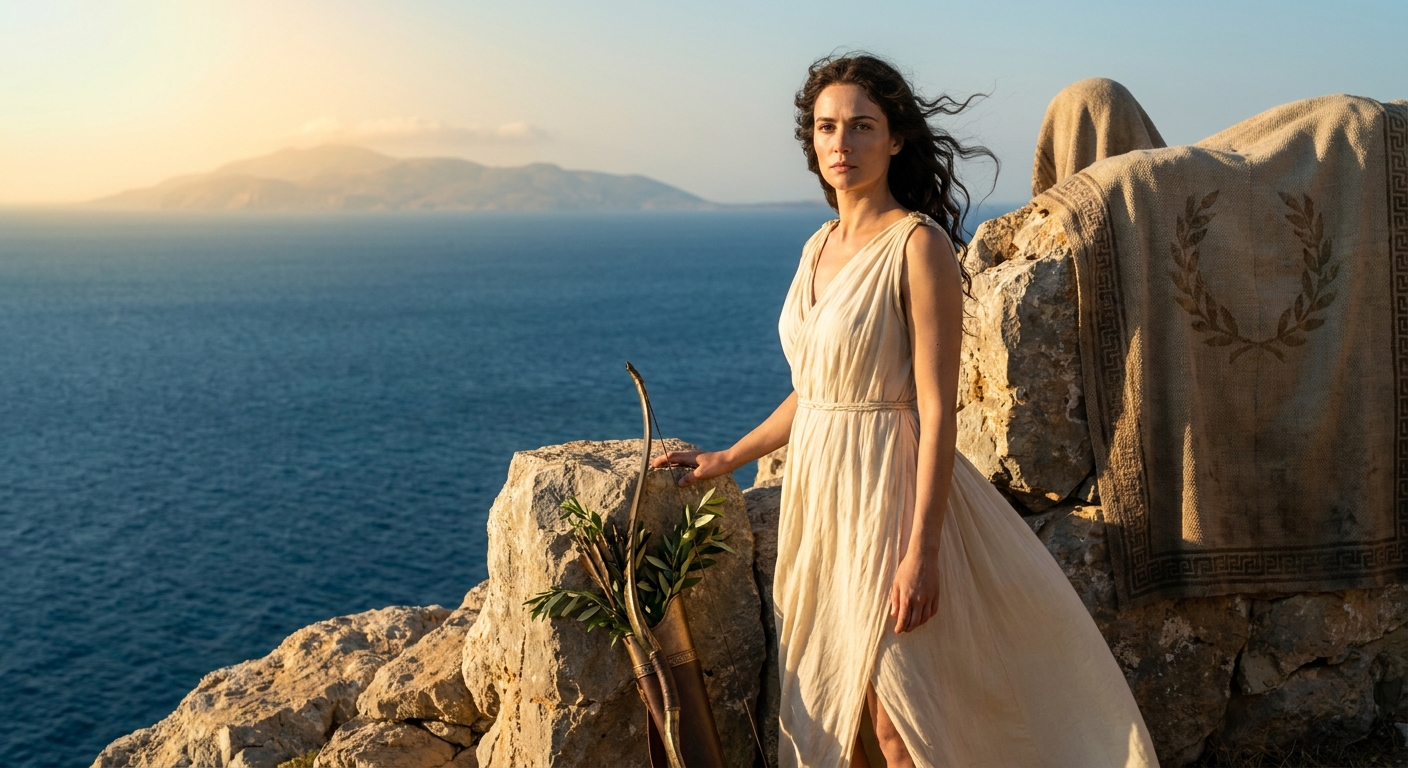 Artemis on rocky Delos beside Leto and Apollo symbols, ancient sea wind moving her white chiton and bronze ornaments, protective expression, Aegean cliffs behind her
