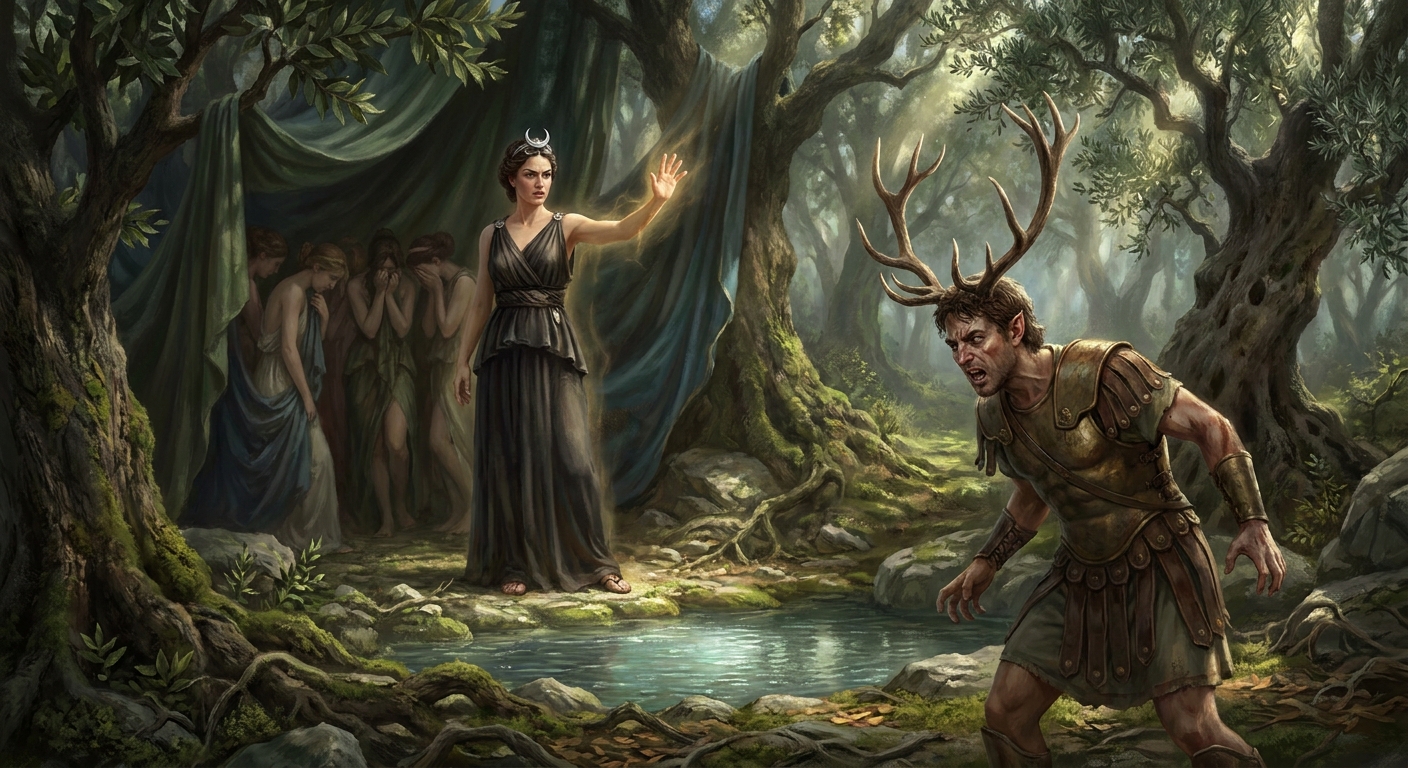 Artemis at a secluded forest spring confronting Actaeon as he begins transforming into a stag, nymphs shielded in shadow behind her, fury and sacred boundary in her face
