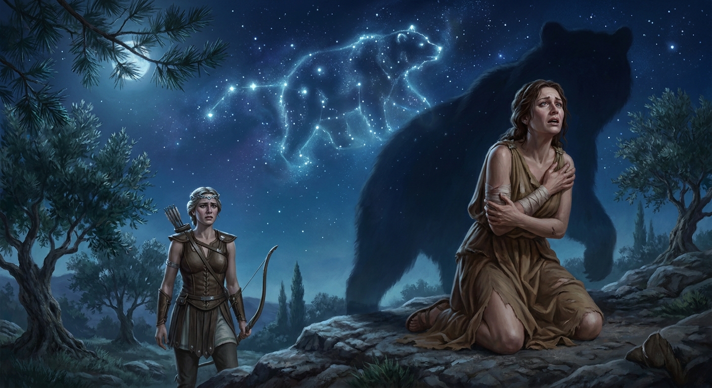 Callisto under a star-filled sky as a bear-shaped shadow rises behind her, Artemis watching from moonlit trees with grief and judgment, constellation light above