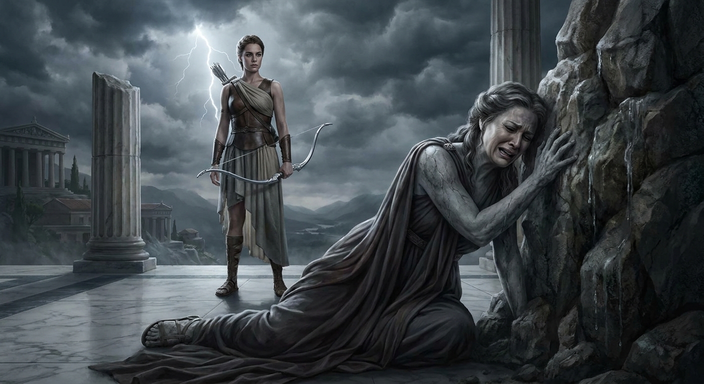 Niobe turning to weeping stone as Artemis stands with a silver bow under storm light, Thebes and shattered royal pride behind them, grief and divine consequence