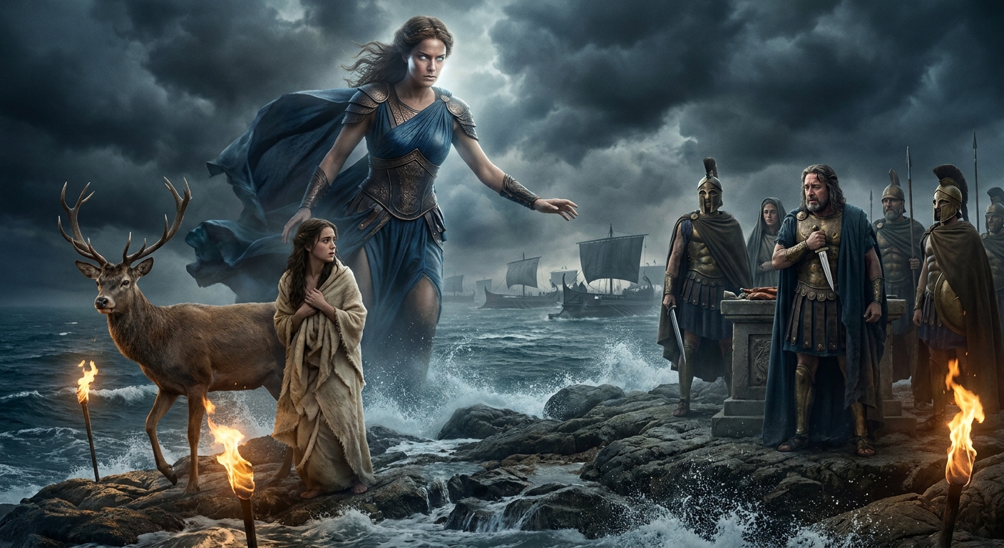 Artemis on a stormy Aegean shore replacing Iphigenia with a sacred deer as Greek ships wait in dead wind, torchlight and whitecaps around them