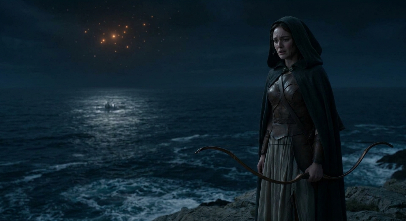 Artemis lowering her bow in shock after shooting Orion far across the sea, Orion constellation beginning to glow above dark waves and mountain silhouettes