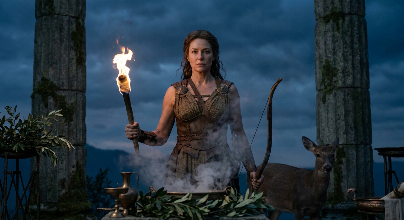 Artemis standing at the Sanctuary of Brauron with torch, bow, deer, and ancient columns, mature goddess presence, ritual smoke and dusk light, protective sacred threshold